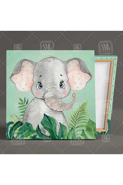 SML TABLO Baby Elephant Tropical Plants Πράσινο φόντο Βρεφικό δωμάτιο Καμβάς Τετράγωνος πίνακας
