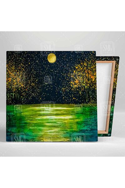 SML TABLO Νυχτερινό Παραθαλάσσιο Σκηνικό Moon Yakamoz Nature Abstract Τετράγωνος πίνακας σε καμβά
