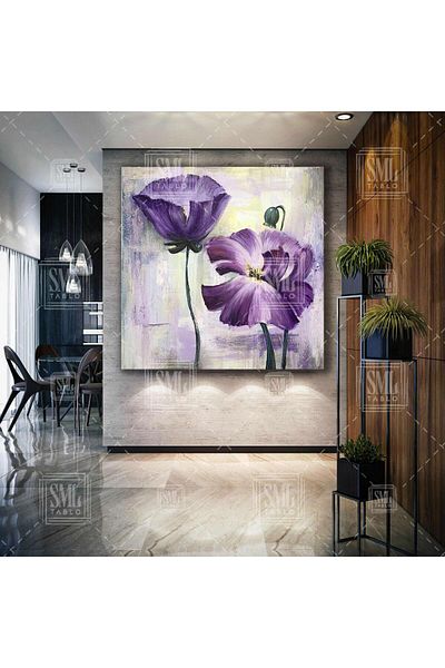 SML TABLO Μωβ φύλλα εφέ ελαιογραφίας Floral Plant Nature Τετράγωνος πίνακας σε καμβά