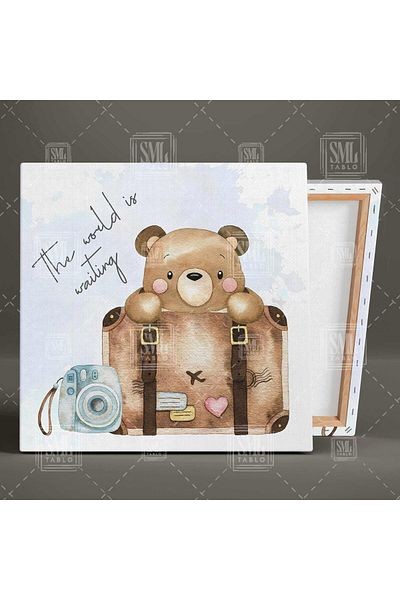 SML TABLO The World Is Waiting Teddy Bear and World Map Square Canvas Painting