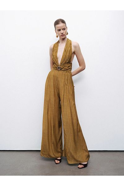 Nocturne Women's Deep V Neck Chest Low-Cut Halter Wide Long Leg Multi-Color Jumpsuit N25Yn12112-Varyan
