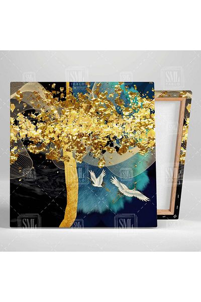 SML TABLO Flying Golden Storks Gold Tree Πολυτελές διακοσμητικό τετράγωνο καμβά