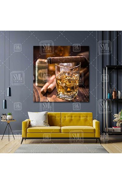 SML TABLO Pictură pe pânză pătrată de dolar de trabucuri pe un pahar de whisky