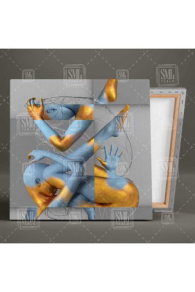 SML TABLO Kneeling Gold Blue Woman Modern Art Vertical Canvas Painting