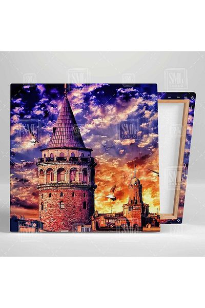 SML TABLO Turnul Galata Peisaj de apus de soare Păsări Decorare Pictură pătrată pe pânză