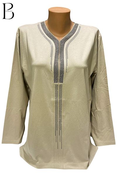BURSPA Χαλαρή κοπή V-Neck Cream Mother Γυναικεία χτενισμένη βαμβακερή μπλούζα
