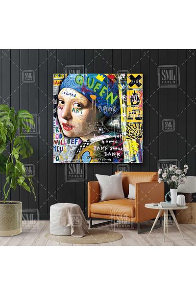 SML TABLO Κορίτσι με μαργαριτάρια σκουλαρίκια Johannes Vermeer Graffiti Street Art Τετράγωνος πίνακας σε καμβά