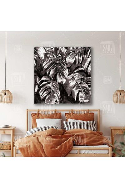 SML TABLO Frunze metalice argintii Decor frunze argintii Pictură pătrată pe pânză