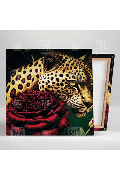 SML TABLO Trandafir Roșu și Ilustrație Leopard Nobil Pictură Pătrată Pe Pânză