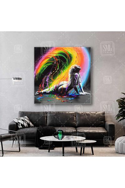 SML TABLO Femeie colorată șezând sub centură picături de vopsea Pictură decorativă pătrată pe pânză