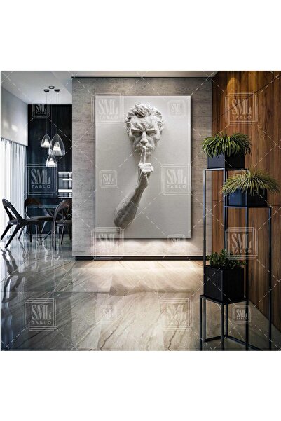 SML TABLO Sus İşareti Yapan Mermer Adam Art Dekor Dikey Kanvas Tablo