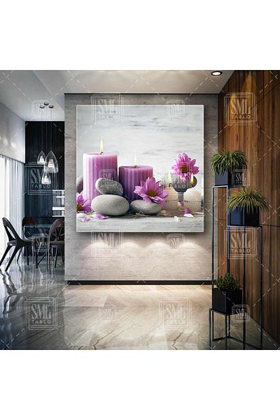 SML TABLO Κεριά Zen Stones Purple Flowers Spa Σαλόνι μασάζ Τετράγωνος πίνακας σε καμβά