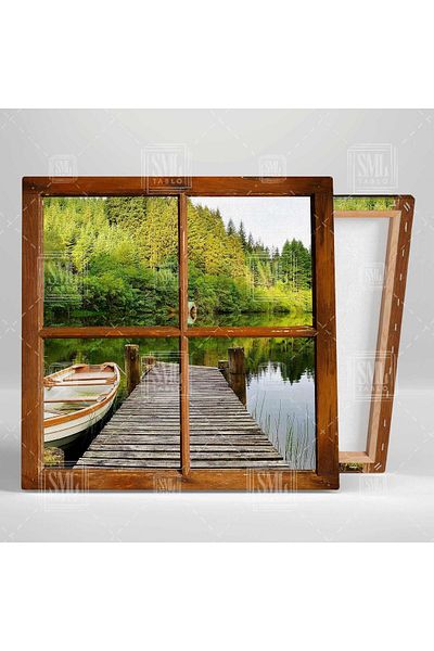 SML TABLO Fereastra din lemn cu vedere la lac Nature Nature Square Canvas Painting