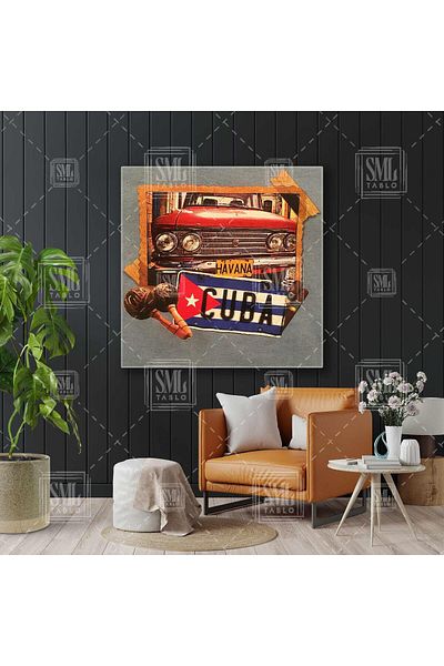 SML TABLO Placă Cuba Roșu Nostalgic Mașină Havana Instrument muzical Pictură pătrată pe pânză