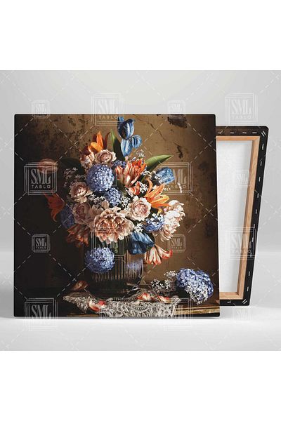 SML TABLO Buchet de flori roz și albastre într-o vază Pictură pe pânză pătrată