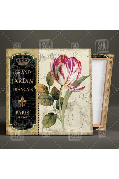 SML TABLO Lalea închisă roz și albă Vintage Grand Jardin Pictură decorativă pătrată pe pânză