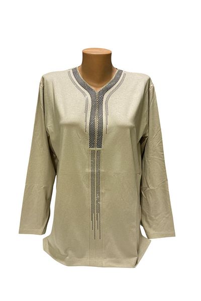BURSPA Χαλαρή κοπή V-Neck Cream Mother Γυναικεία χτενισμένη βαμβακερή μπλούζα