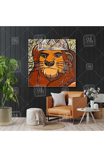 SML TABLO The Leon King King Crowned Lion Illustration Χρυσό Λεπτομερές Ζωικό Τετράγωνο Πίνακας σε καμβά