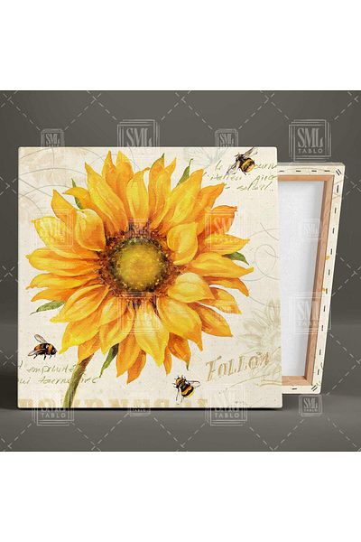 SML TABLO Sunflower Sunflower Large Flower Bees Vintage Διακοσμητικό Τετράγωνο Πίνακας σε καμβά