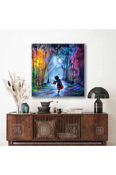 SML TABLO O fată care lasă urme de vopsea în interiorul pădurii colorate Moonlight Canvas Painting Square Canvas Painting