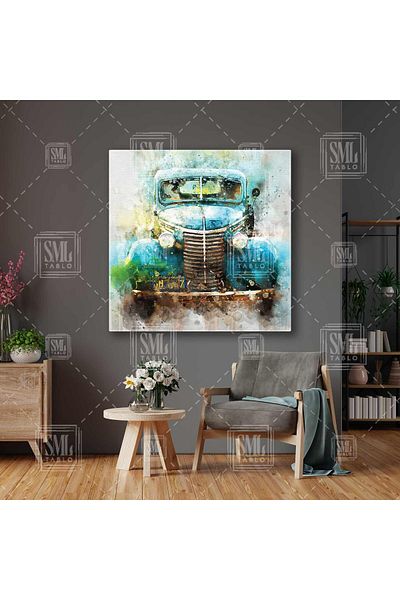 SML TABLO Blue Classic Car Acuarelă Efect Decorare Pătrat Canvas Art
