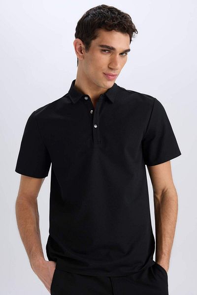 DeFacto Slim Fit Slim Fit Polo γιακά με κοντό μανίκι βάφλα μαύρο μπλουζάκι E1209ax25sm