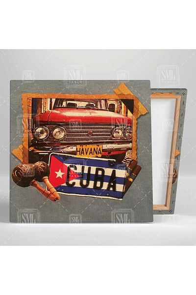 SML TABLO Placă Cuba Roșu Nostalgic Mașină Havana Instrument muzical Pictură pătrată pe pânză