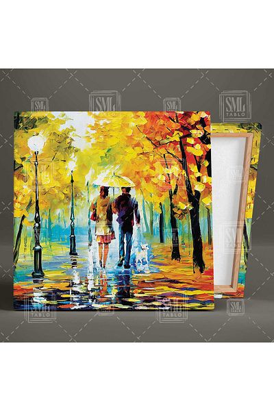 SML TABLO Pictură pătrată de toamnă de cuplu romantic cu umbrelă care merg pe câini în ploaie