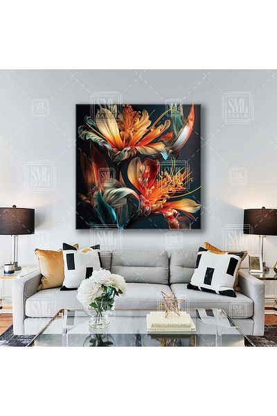 SML TABLO Flori portocalii cu frunze albastre Pictură decorativă pe pânză pătrată