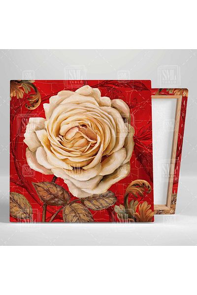 SML TABLO Floare mare de trandafir alb Fundal roșu Decorativ Vintage Pătrat Canvas Art