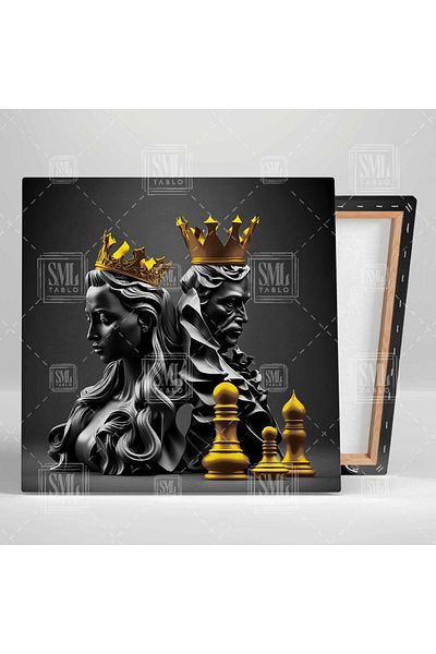 SML TABLO Χρυσές λεπτομερείς πέτρες σκακιού King and Queen Square Canvas Painting