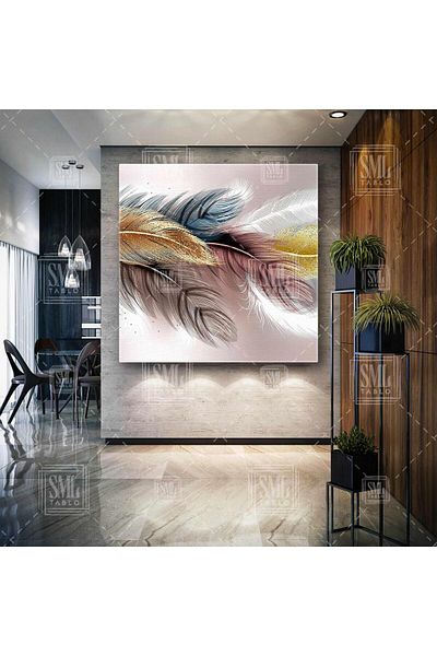 SML TABLO Bird Feathers Gold Glitter Λεπτομερής πολυτελής διακόσμηση Τετράγωνος πίνακας σε καμβά