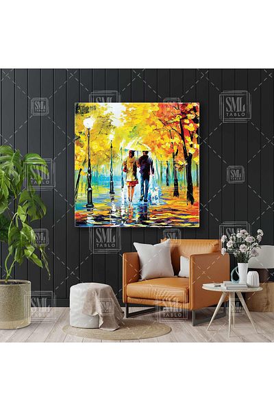 SML TABLO Pictură pătrată de toamnă de cuplu romantic cu umbrelă care merg pe câini în ploaie