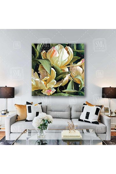 SML TABLO Pictură decorativă pătrată pe pânză cu frunze și flori albe