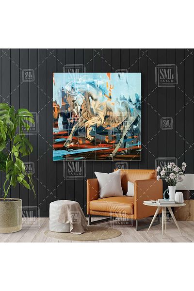 SML TABLO Orangutan Detaliat Running White Horse Brush Traces Decorativ Pătrat Canvas Art