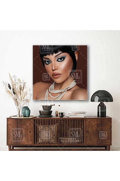 SML TABLO Vintage Make Up Κομμωτήριο Τετράγωνο Καμβάς ζωγραφικής με μακιγιάζ μαργαριτάρι κολιέ σε μπλε τόνους