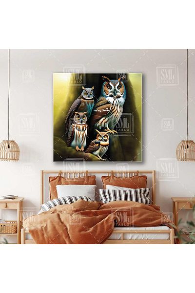 SML TABLO Cute Owl Family Wise Animal Decorativ Pătrat Canvas Art Print