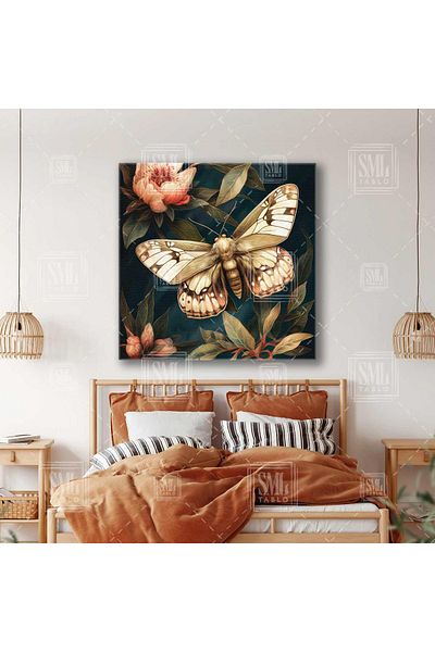 SML TABLO Pictură pe pânză pătrată decorativă vintage cu flori roz și fluture