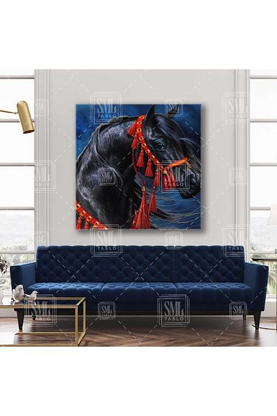 SML TABLO Ethnic Red Tassel Αξεσουάρ Μαύρο Noble Horse Animal Decoration Τετράγωνος πίνακας σε καμβά