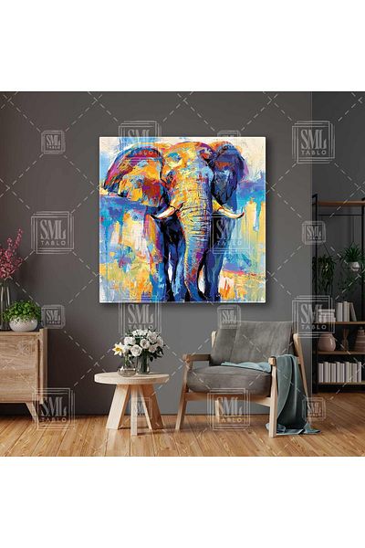 SML TABLO Pictură pe pânză pătrată cu animale învechite elefant albastru și galben