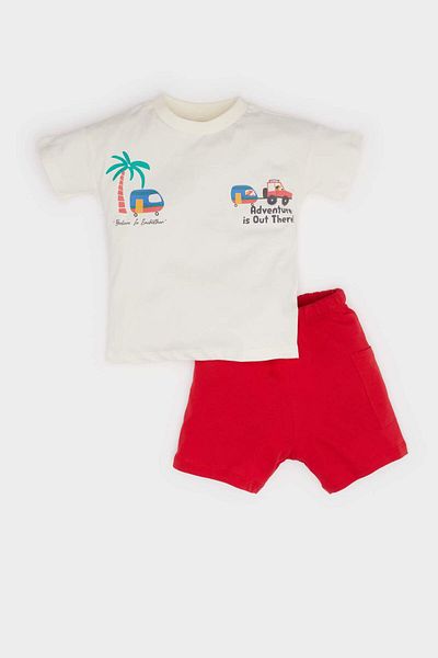 DeFacto Baby Boy 2 Piece Set Palm Printed Short Sleeve T-Shirt with Elastic Waist Shorts Bottom E6813A525Sm