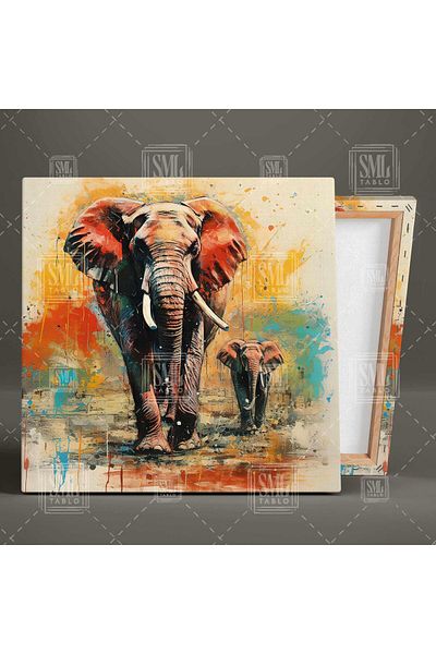 SML TABLO Pictură pe pânză pătrată cu elefant drăguț care merge împreună cu mama