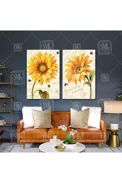 SML TABLO Sunflower Big Flower Bees Vintage Διακοσμητικό Διπλό Σετ 2 Πίνακες ζωγραφικής σε καμβά