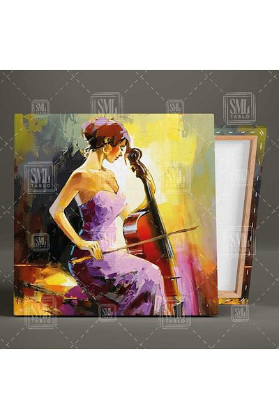 SML TABLO Violoncelist Muzician în rochie violetă Pictură pe pânză pătrată