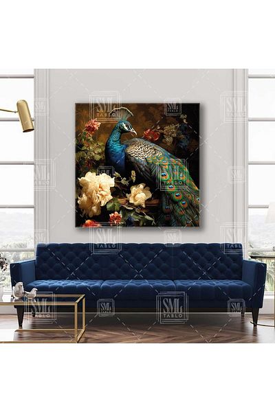 SML TABLO Διακοσμητικός τετράγωνος καμβάς Blue Peacock Noble White Roses