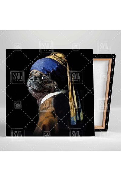 SML TABLO Pictură Pug cu cercei de perle Pictură pătrată de câine drăguț