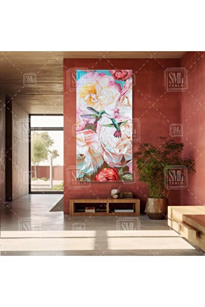SML TABLO Beyaz ve Kırmızı Şakayık Çiçeği ile Sinek Kuşları Boyuna Dikey Kanv...