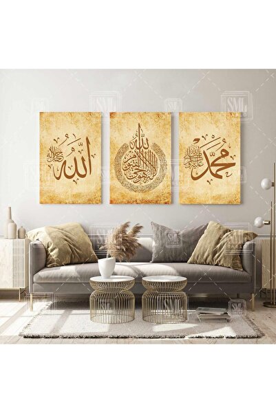 SML TABLO Hat Sanatı Allah Ayetel Kürsi Muhammed Yazısı Islam Kuran Müslüman Üçlü Kombin 3 Lü Set Kanvas Tablo