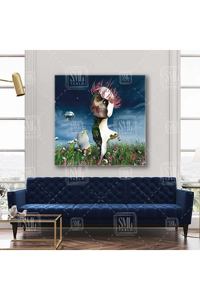 SML TABLO Sculpture in Grass and Pink Flowers Square Canvas Print