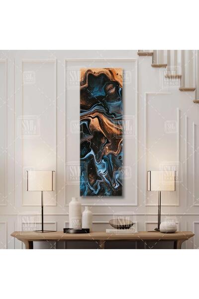SML TABLO Mavi Ve Altın Sarısı Abstract Soyut Dikey Panaromik Kanvas Tablo